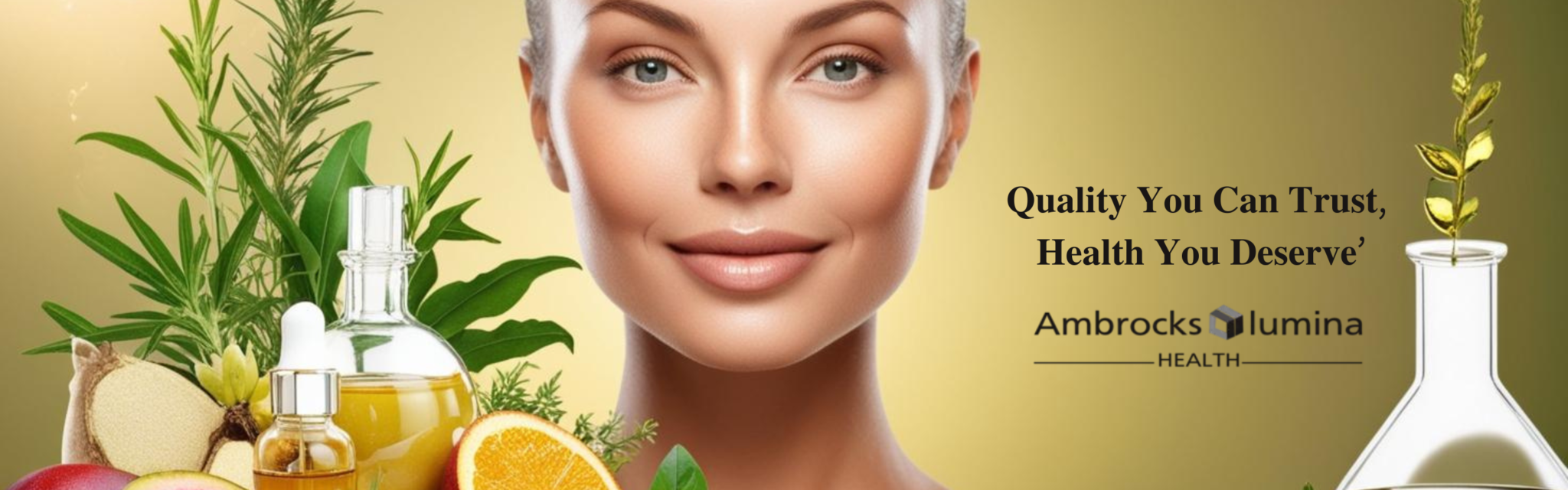A promotional image featuring natural ingredients and skincare products with the slogan "Quality You Can Trust, Health You Deserve" by Ambrocks lumina Health.